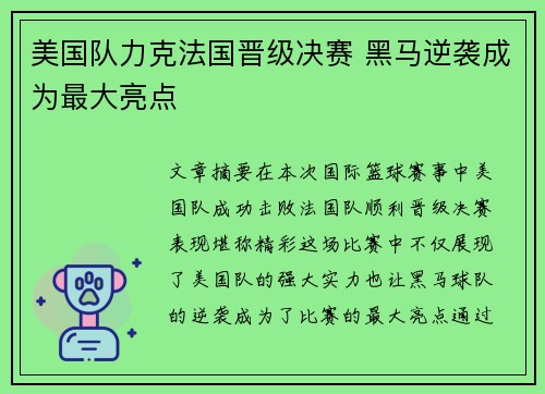 美国队力克法国晋级决赛 黑马逆袭成为最大亮点