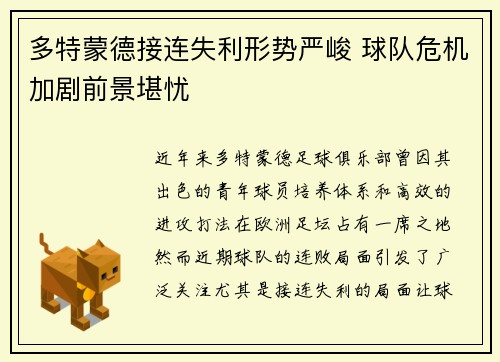 多特蒙德接连失利形势严峻 球队危机加剧前景堪忧