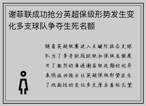 谢菲联成功抢分英超保级形势发生变化多支球队争夺生死名额