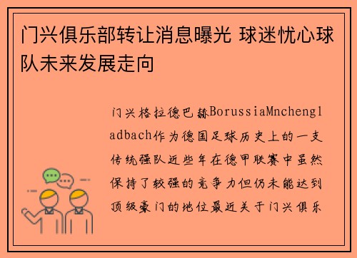 门兴俱乐部转让消息曝光 球迷忧心球队未来发展走向