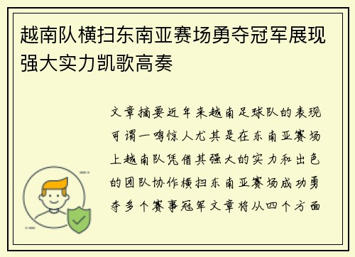 越南队横扫东南亚赛场勇夺冠军展现强大实力凯歌高奏