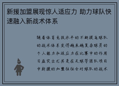 新援加盟展现惊人适应力 助力球队快速融入新战术体系