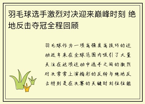 羽毛球选手激烈对决迎来巅峰时刻 绝地反击夺冠全程回顾