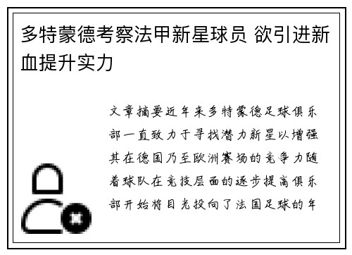 多特蒙德考察法甲新星球员 欲引进新血提升实力