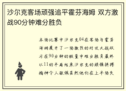 沙尔克客场顽强追平霍芬海姆 双方激战90分钟难分胜负