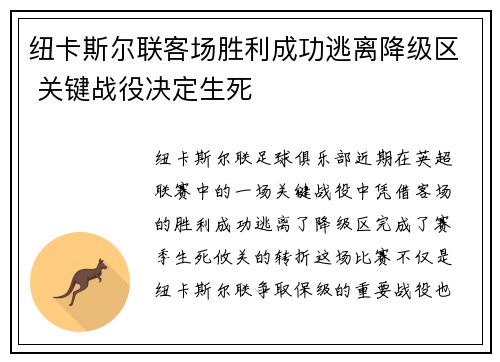 纽卡斯尔联客场胜利成功逃离降级区 关键战役决定生死