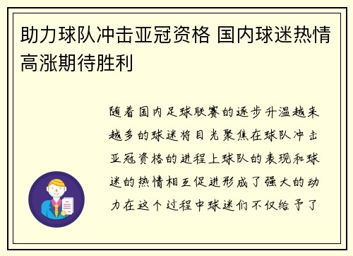 助力球队冲击亚冠资格 国内球迷热情高涨期待胜利