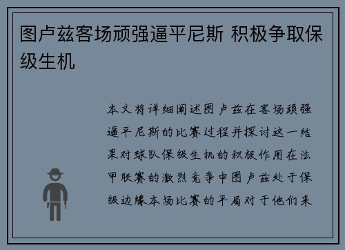 图卢兹客场顽强逼平尼斯 积极争取保级生机